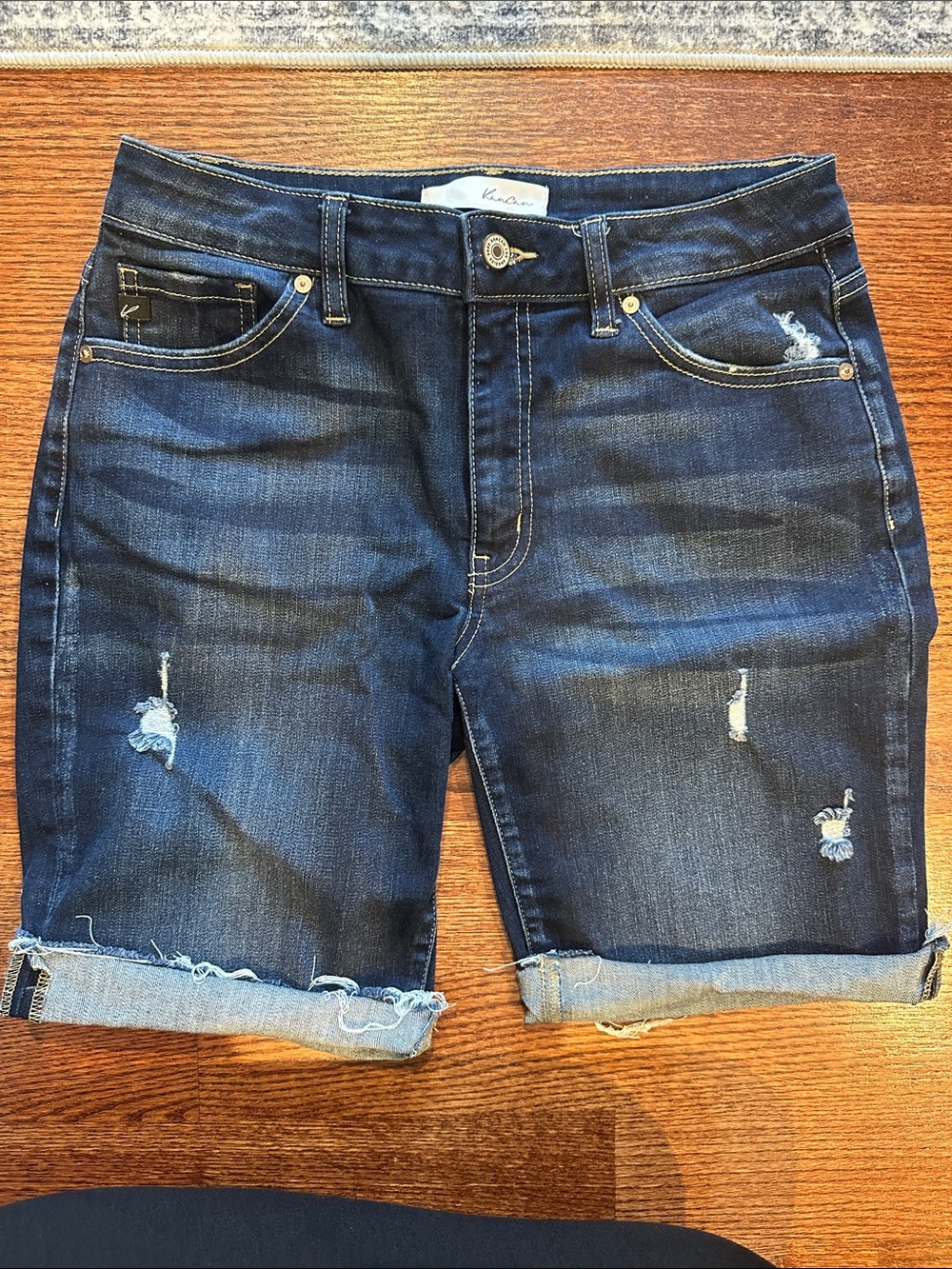 KanCan Dark Indigo Distressed Rolled Cuff Denim Shorts